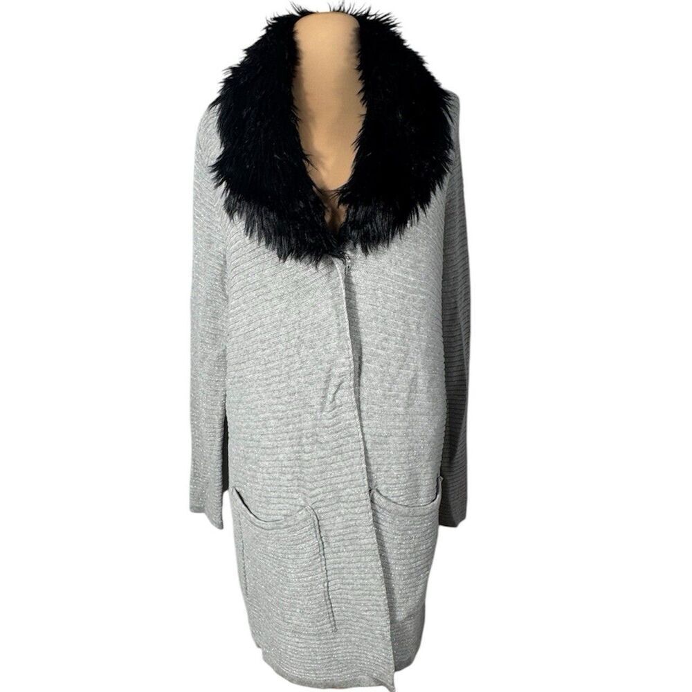 Black Rivet Sz L Silver Metallic Black Faux Fur Cardigan Sweater Coat Jacket EUC